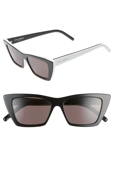 Shop Saint Laurent 53mm Cat Eye Sunglasses In Bilayer Black / White/ Grey