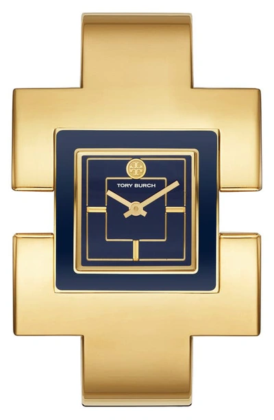 Shop Tory Burch T Bangle Bracelet Watch, 25mm X 25mm In Gold/ Blue/ Gold