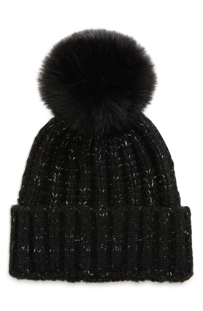 Shop Kyi Kyi Chunky Ribbed Beanie With Faux Fur Pompom In Black Marled