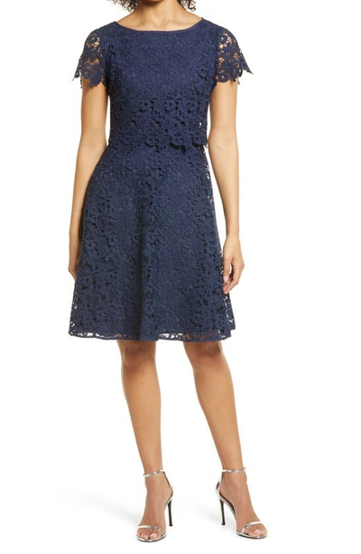Shop Shani Popover Lace Fit & Flare Dress In Navy