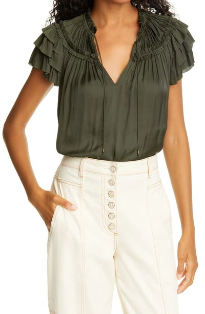 Shop Ulla Johnson Elissa Ruffle Flutter Sleeve Top In Forest