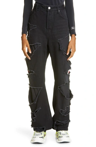 Shop Balenciaga Lined Destroyed Straight Leg Jeans In Washed Black