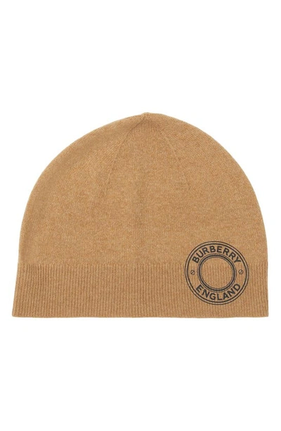 Shop Burberry Logo Graphic Cashmere Blend Beanie In Camel