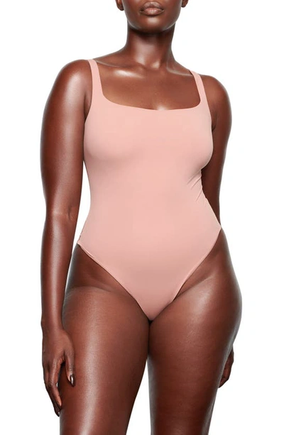 Shop Skims Fits Everybody Square Neck Sleeveless Bodysuit In Rose Clay