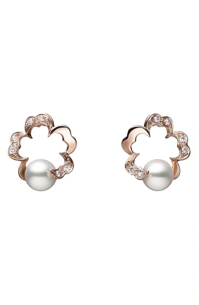 Shop Mikimoto Cherry Blossom Cultured Pearl & Diamond Stud Earrings In 18kp