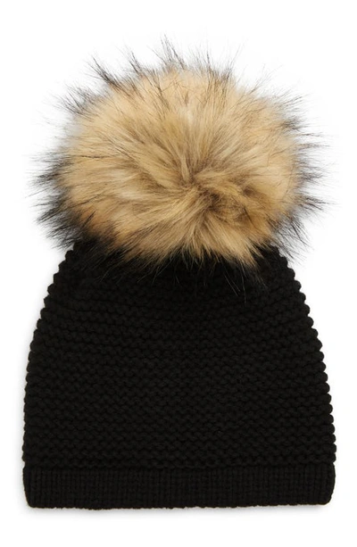Shop Kyi Kyi Wool Blend Beanie With Faux Fur Pompom In Black/ Natural
