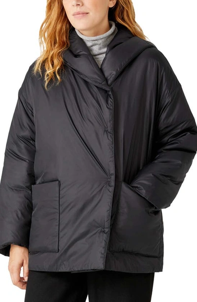 Eileen Fisher Eggshell Recycled Nylon Hooded Puffer Coat In Black | ModeSens