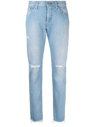Junya Watanabe Distressed Skinny-cut Jeans In Blau