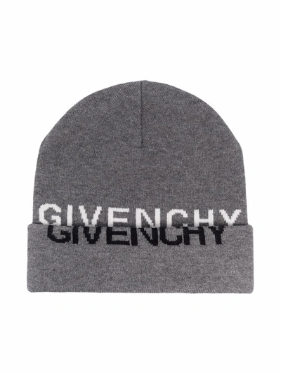Shop Givenchy Logo Knitted Beanie In 灰色