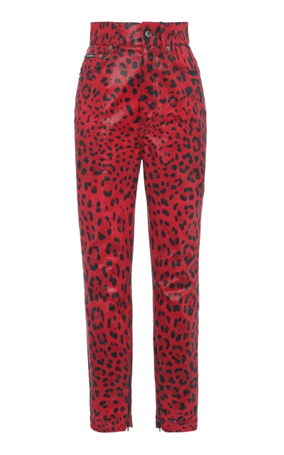 Shop Dolce & Gabbana Women's Coated Leopard-print Stretch High-rise Skinny Jeans In Red