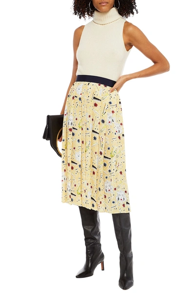 Shop Victoria Victoria Beckham Pleated Printed Crepe Midi Skirt In Yellow
