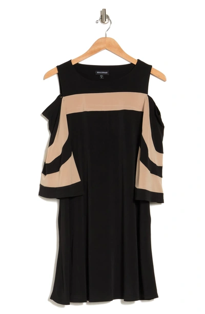 Shop Nina Leonard Ity Stripe Cold Shoulder Dress In Black Tan