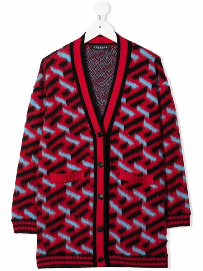 Shop Versace Intarsia-knit V-neck Cardigan In Red