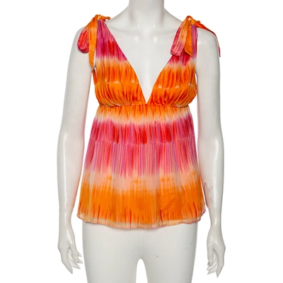 Pre-owned Alice And Olivia Orange & Pink Silk Plunge Neck Tie-up Detail Top S