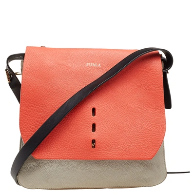 Pre-owned Furla Orange/grey Leather And Suede Flap Shoulder Bag