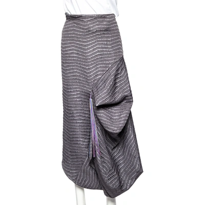 Pre-owned Emporio Armani Grey Textured Synthetic Tassel Trim Draped Midi Skirt M