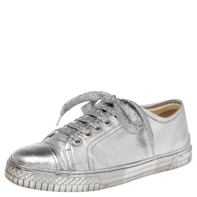 Pre-owned Metallic Silver Leather Lace Up Sneakers Size 38