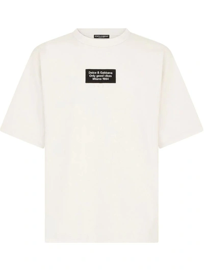 Shop Dolce & Gabbana White Printed Cotton T-shirt With Patch Embellishment