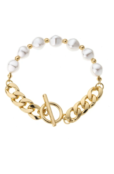 Shop Ettika Imitation Pearl Curb Chain Toggle Bracelet In Gold