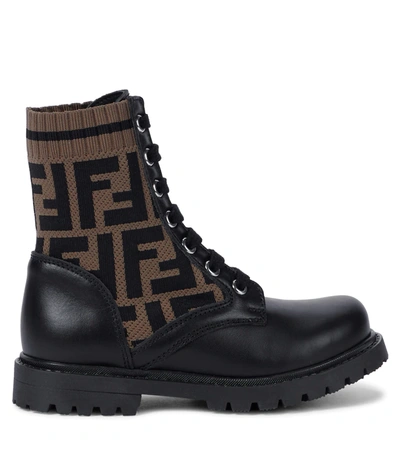 Shop Fendi Ff Jacquard And Leather Ankle Boots In Nero+tabacco Nero