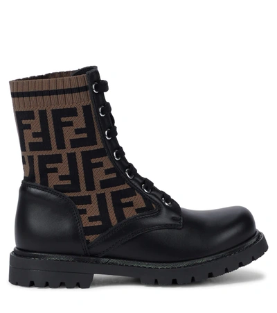 Shop Fendi Ff Leather-trimmed Biker Boots In Nero+tabacco Nero