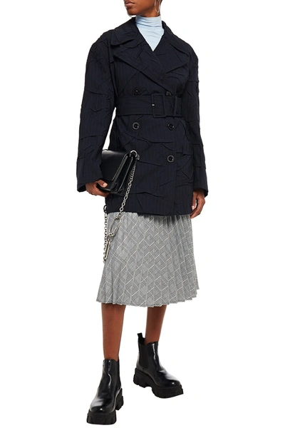 Shop Mm6 Maison Margiela Crinkled Pinstriped Woven Trench Coat In Navy