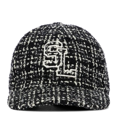 Shop Saint Laurent Logo Embroidered Tweed Cap In Black/ivory