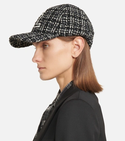 Shop Saint Laurent Logo Embroidered Tweed Cap In Black/ivory