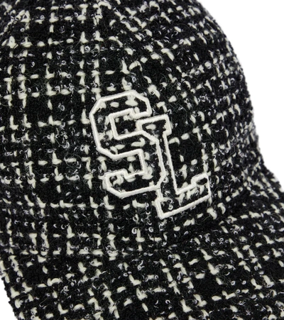 Shop Saint Laurent Logo Embroidered Tweed Cap In Black/ivory