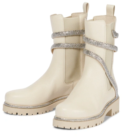Shop René Caovilla Cleo Embellished Leather Chelsea Boots In Ivory/ Silver