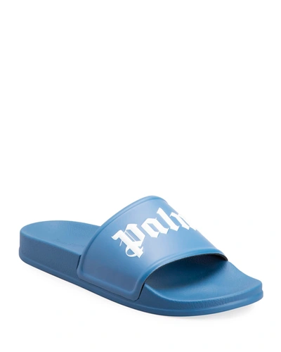 Shop Palm Angels Men's Script Logo Pool Slide Sandals In Blue / White