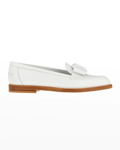 Shop Ferragamo Vivaldo Leather Bow Loafers In New Bianco