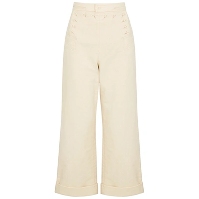 Shop Tory Burch Sailor Cream Wide-leg Cotton Trousers