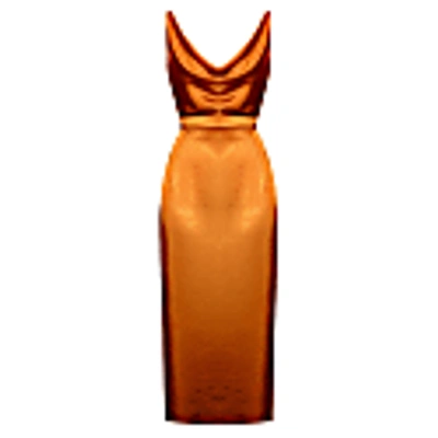 Undress Kamea Tawny Brown Satin Draped Front Open Back Midi Dress In Midi