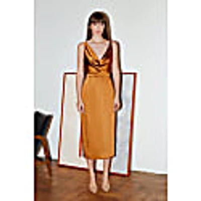 Undress Kamea Tawny Brown Satin Draped Front Open Back Midi Dress In Midi