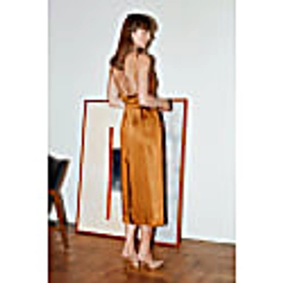 Undress Kamea Tawny Brown Satin Draped Front Open Back Midi Dress In Midi