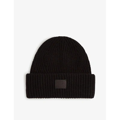 Shop Allsaints Women's Black Farren Logo-patch Ribbed Knitted Beanie Hat