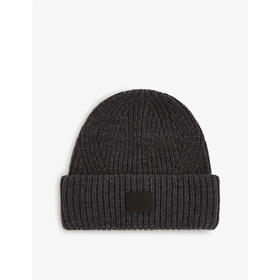 Shop Allsaints Womens Charcoal Grey Farren Logo-patch Ribbed Knitted Beanie Hat