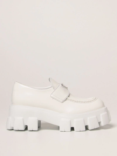 Shop Prada Monolith  Moccasins In Brushed Leather In White