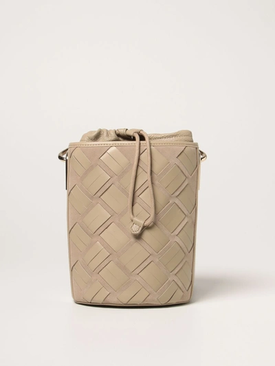 Shop Furla Lipari  Bag In Suede And Woven Leather In Beige