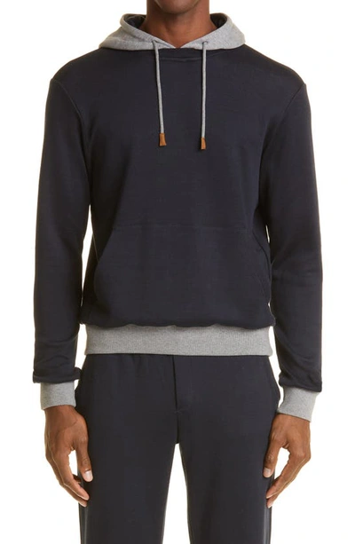 Shop Eleventy Giza Cotton Blend Hoodie In Navy