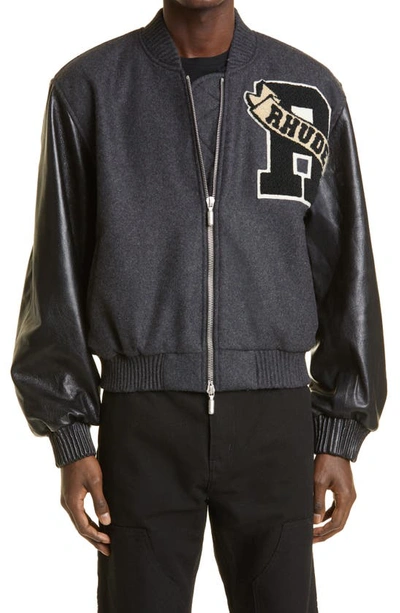 Shop Rhude Logo Leather Sleeve Wool Varsity Jacket In Black