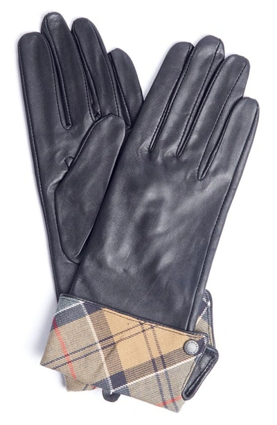 Shop Barbour Lady Jane Tartan Cuff Leather Gloves In Black/ Dress Tartan