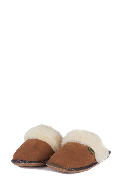 Shop Barbour Lydia Faux Fur Slipper In Camel Suede