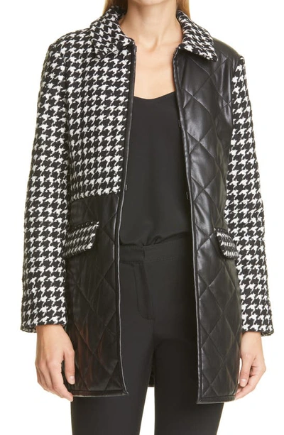 Shop Alice And Olivia Susan Quilted Houndstooth & Faux Leather Peacoat In Black/ White