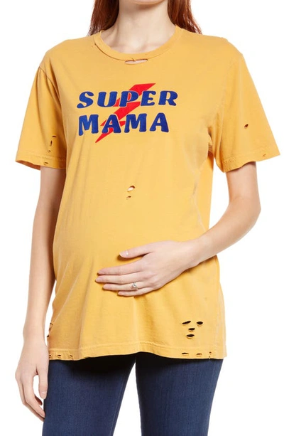 Shop Bun Maternity Super Mama Destroyed Cotton Jersey Maternity/nursing Graphic Tee In Golden