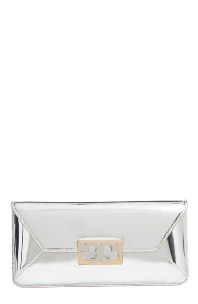 Shop Tory Burch Gigi Metallic Leather Clutch In Silver Leather Standard