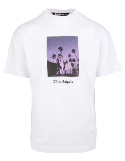 Shop Palm Angels Man White Oversized T-shirt With Graphic Palms Print
