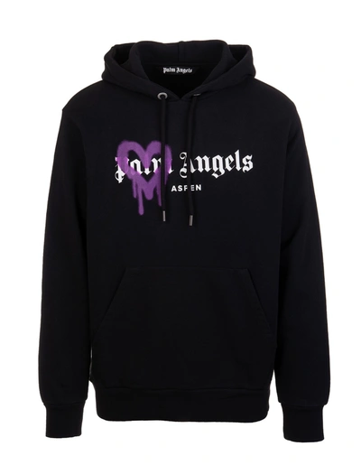 Shop Palm Angels Man Black And Lilac Spray Logo Aspen Hoodie