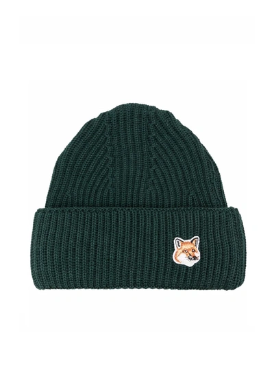 Shop Maison Kitsuné Fox Head Patch Ribbed Hat In Darck Green